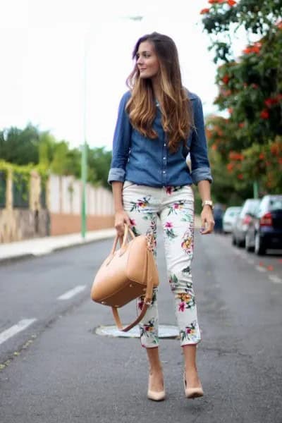 Chambray Shirt with White Floral Pants