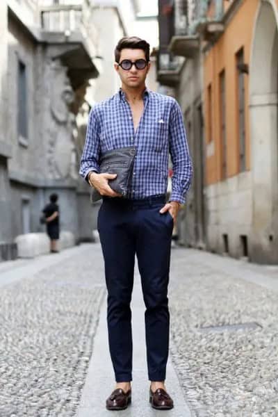 Plaid Blue Shirt with Navy Slim Fit Chinos & Loafers