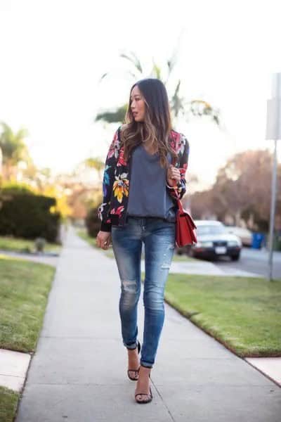 Black Floral Bomber Jacket with Grey Sweater & Ripped Skinny Jeans