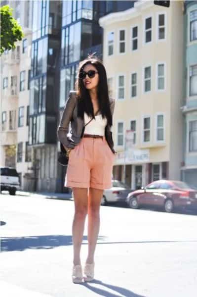 Grey Fitted Blazer with Hot Pink Cuffed Shorts