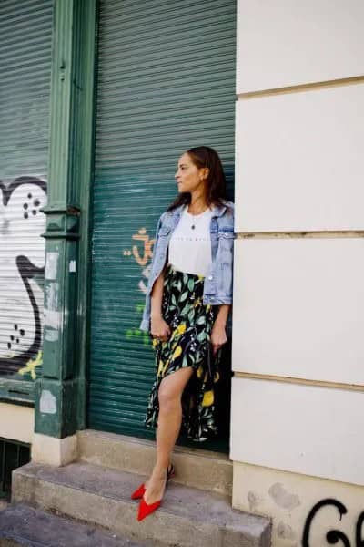 Blue Denim Jacket with Black and Yellow Printed Side Slit Maxi Skirt