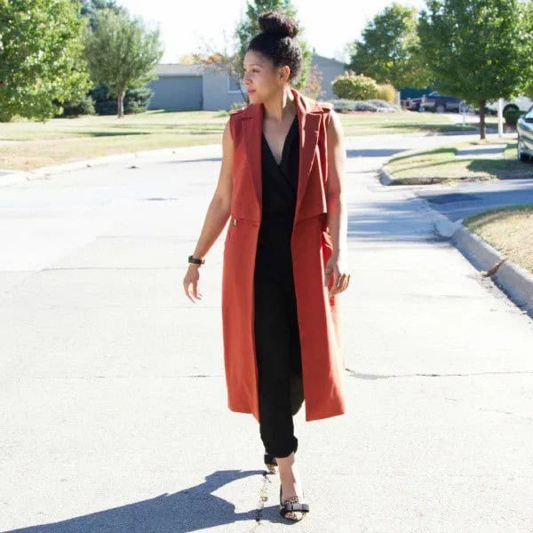 Red Sleeveless Longline Blazer as Vest with Black Pieces