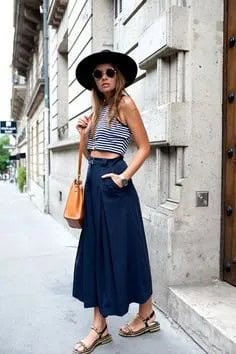 Black and White Striped Cropped Tank Top with Navy Blue Maxi Flared Skirt