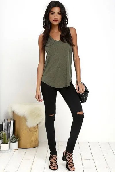 Olive Green Tank Top with Ripped Black Skinny Jeans