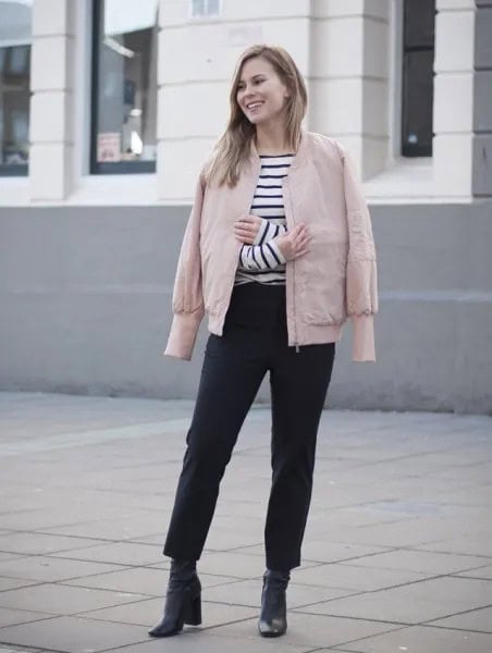 Pink Jacket with Black and White Striped Tee