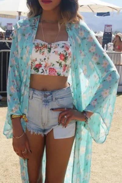 Blue Chiffon Maxi Floral Cardigan with White Cropped Vest Top & Mini Shorts