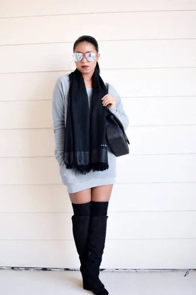 Grey Mini Sweatshirt Dress with Black Knit Scarf