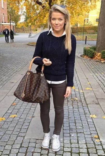 Black Cable Knit Sweater with White Shirt & Grey Skinny Pants