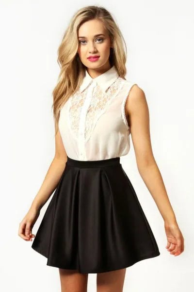 White Lace Sleeveless Shirt with Black Silk Skater Skirt