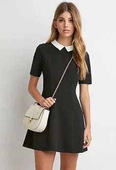 Black Fit and Flare Mini Collared Dress with White Shoulder Leather Purse