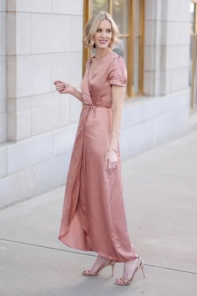 Rose Gold Maxi Satin Wrap Dress