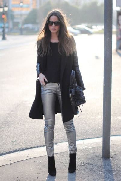 Black Long Blazer with Silver Skinny Pants