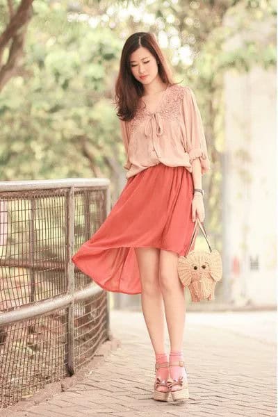 Ribbon Bow Lace Blouse with Blush Pink Mini Dress