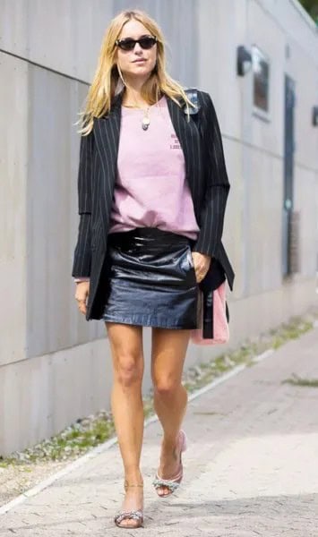 Black and White Striped Long Blazer with Grey Sweatshirt & Mini Skirt