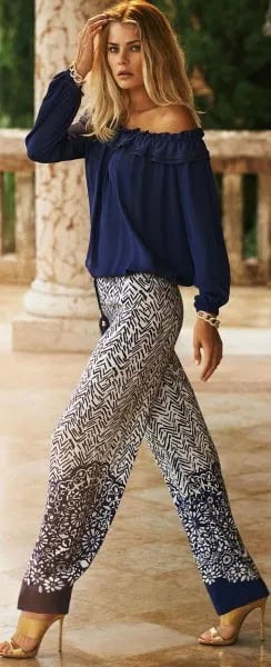 Off The Shoulder Navy Blue Blouse with Printed Relaxed Fit Pants