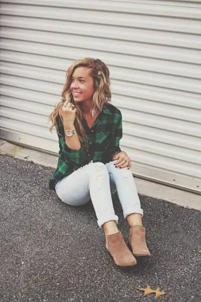 Green and Blue Plaid Shirt with White Cuffed Jeans