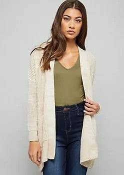 White Cardigan with Green V Neck Tee & High Waisted Blue Jeans