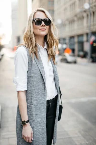 White Button Up Shirt with Heather Grey Longline Vest Jacket