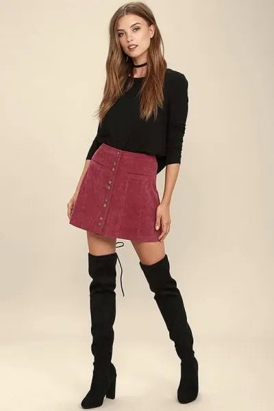 Black Fitted Crew Neck Sweater with Burgundy Corduroy Mini skirt