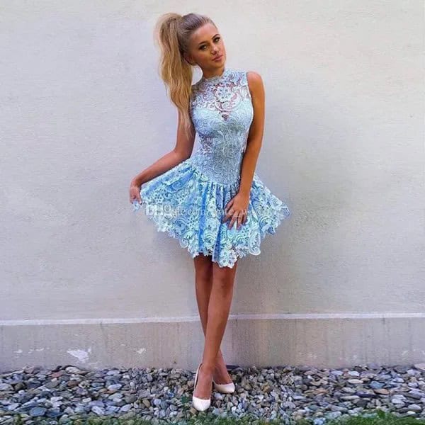 Fit and Flare Sleeveless Light Blue Mini Dress with White Heels