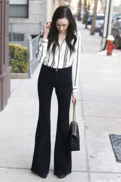 White and Black Striped Button Up Shirt with Flared Pants