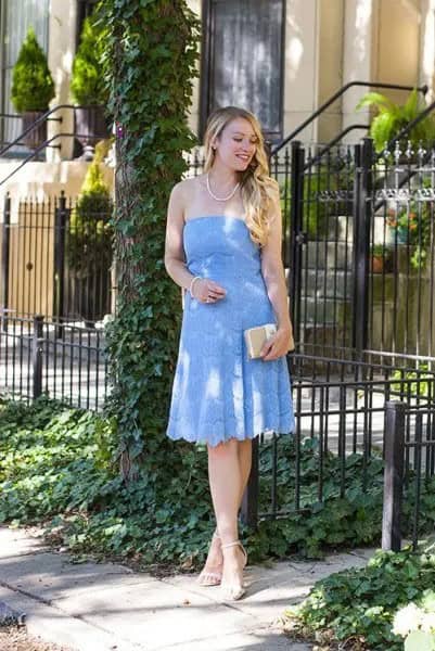 Baby Blue Off The Shoulder Fit and Flare Lace Midi Dress