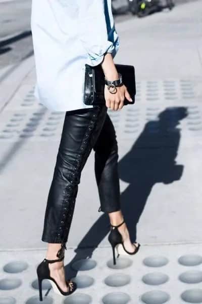 Light Blue Button Up Shirt with Cropped Leather Pants & Heels