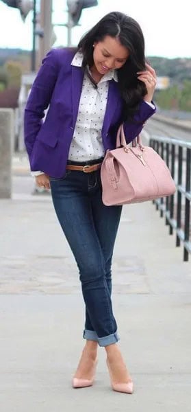 Purple Blazer with White Polka Dot Shirt