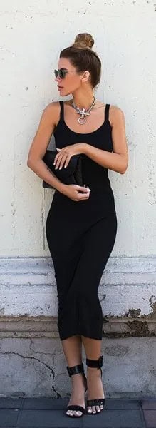 Black Bodycon Midi Dress with High Strap Open Toe Heels