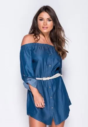 Belted Blue Strapless Denim Button Up Shirt Dress