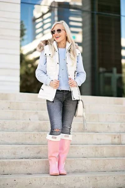 White Hooded Faux Fur Collar Puffer Vest Over Blue Striped Blouse