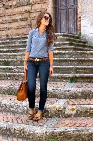 Chambray Shirt with Leopard Print Loaferes