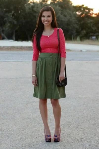 Orange Form Fitting Half Sleeve Lace Top with Green Knee Length Skirt