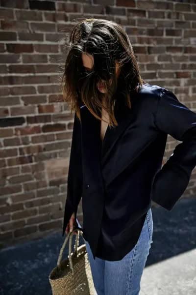 Navy Silk Shirt with Boyfriend Jeans