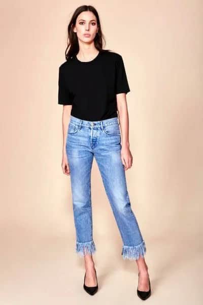 Black T Shirt with Cropped Blue Fringe Jeans