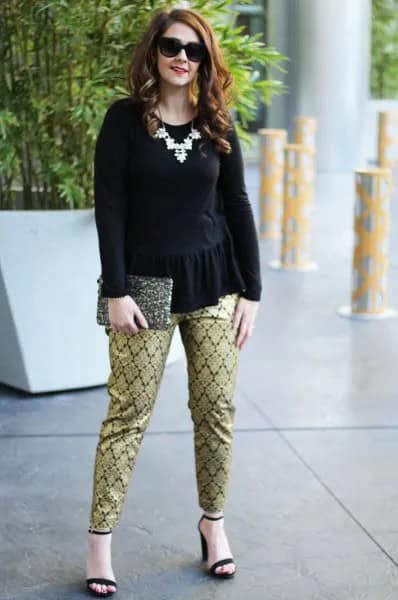 Black Peplum Top with Gold Printed Leggings