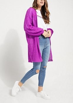 Long Chunky Purple Knit Cardigan with Ripped Skinny Jeans