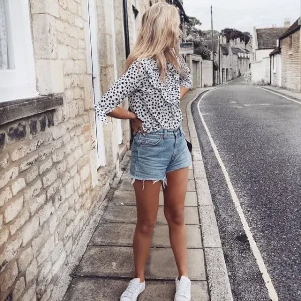 Black and White Leopard Print Chiffon Button Up Shirt with Denim Shorts