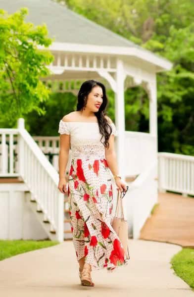 White Lace Blouse with Red Maxi Skirt & Nude Sandals