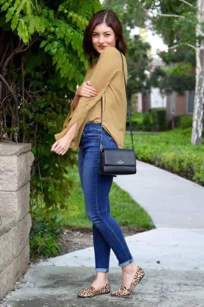 Leopard Print Loafers with Orange Chiffon Blouse & Blue Jeans