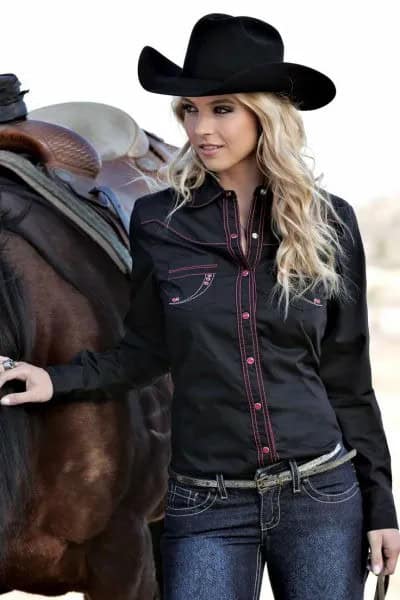 Cowboy Hat with Black Denim Shirt & Dark Blue Skinny Jeans