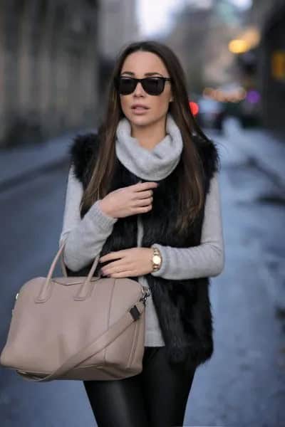 Grey Turtleneck Sweater with Black Faux Fur Vest & Leather Leggings