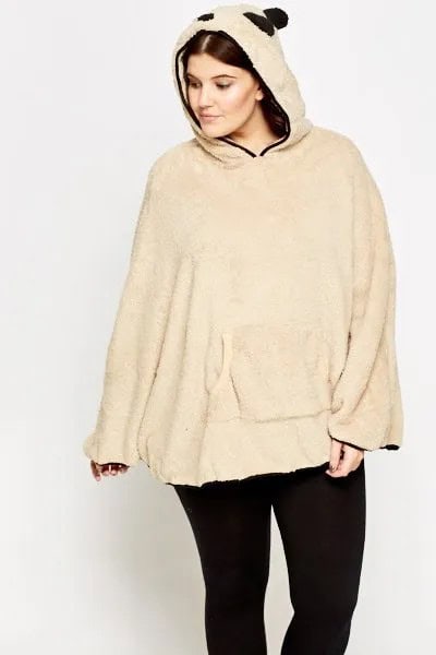 Panda Hood White Fleece Poncho with Black Jeans