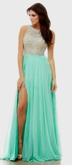 Silver and Mint Green Side Slit Pleated Chiffon Prom Dress