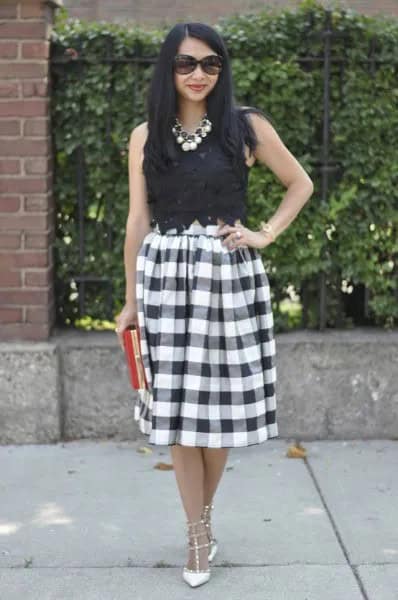 Black Lace Top with Checkered Midi Skirt