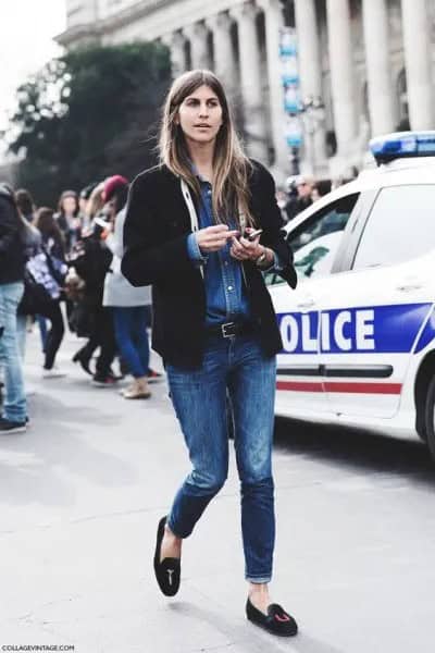 Black Bomber Jacket with Chambray Shirt & Embroidered Loafers