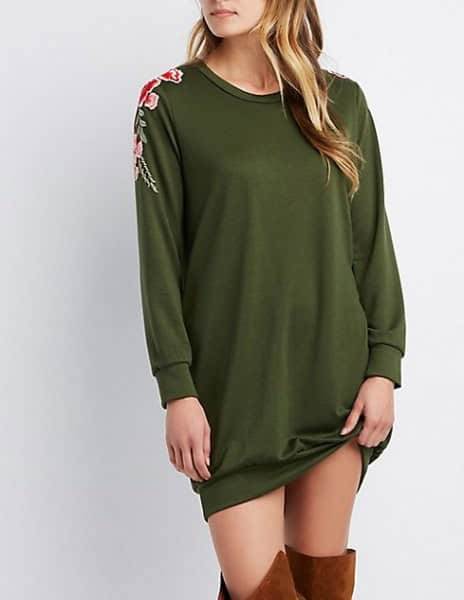 Green Embroidered Sweatshirt Dress with Over The Knee Boots