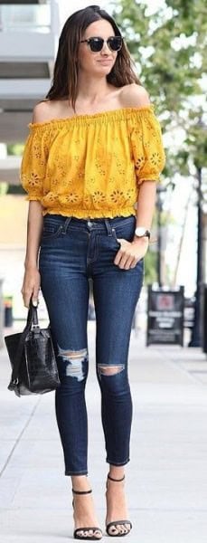 Mustard Yellow Off The Shoulder Top with Skinny Jeans