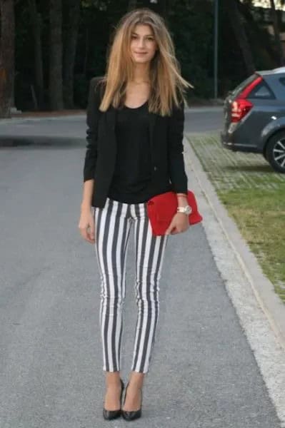 Black Blazer with Grey and White Vertical Striped Leggings