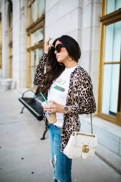 White Tee with Leopard Print Jacket & Ripped Blue Jeans